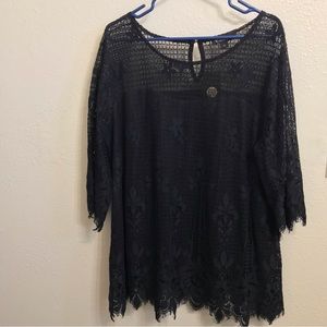Black Floral Lace 3/4 Bell Sleeve Tunic Blouse Top